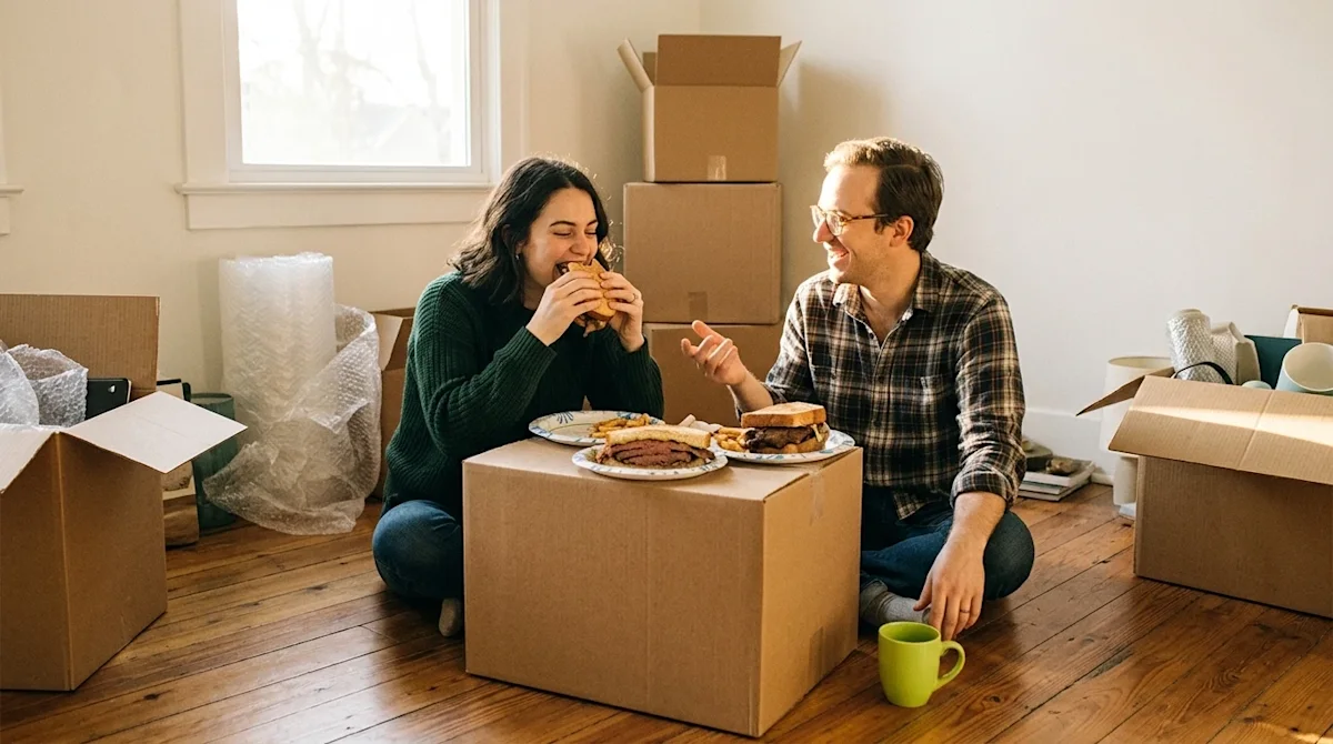 Candid lifestyle photography of a warm and inviting scene showing a couple taking a break from unpacking in their new home to
