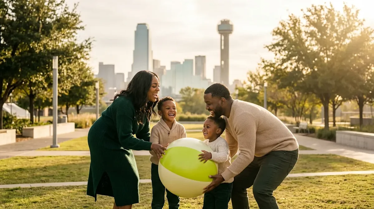 A happy family playing in a Dallas park with the iconic Reunion Tower and skyline in the background.