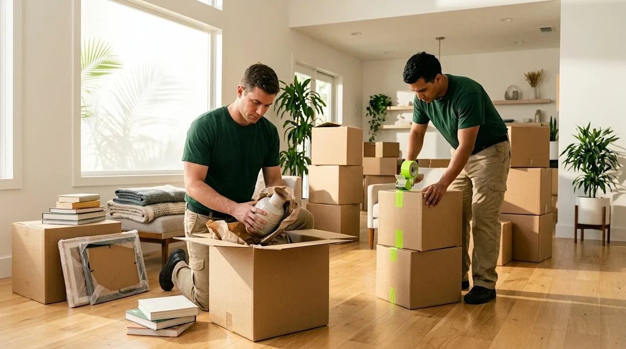 Editorial photography of professional packers working efficiently inside a sunlit, airy Jacksonville home living room. Two mo