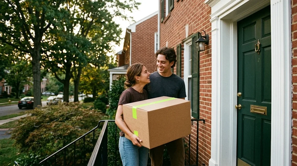 A warm, nostalgic 35mm film photography lifestyle shot of a happy couple standing on the front porch of a classic red brick c