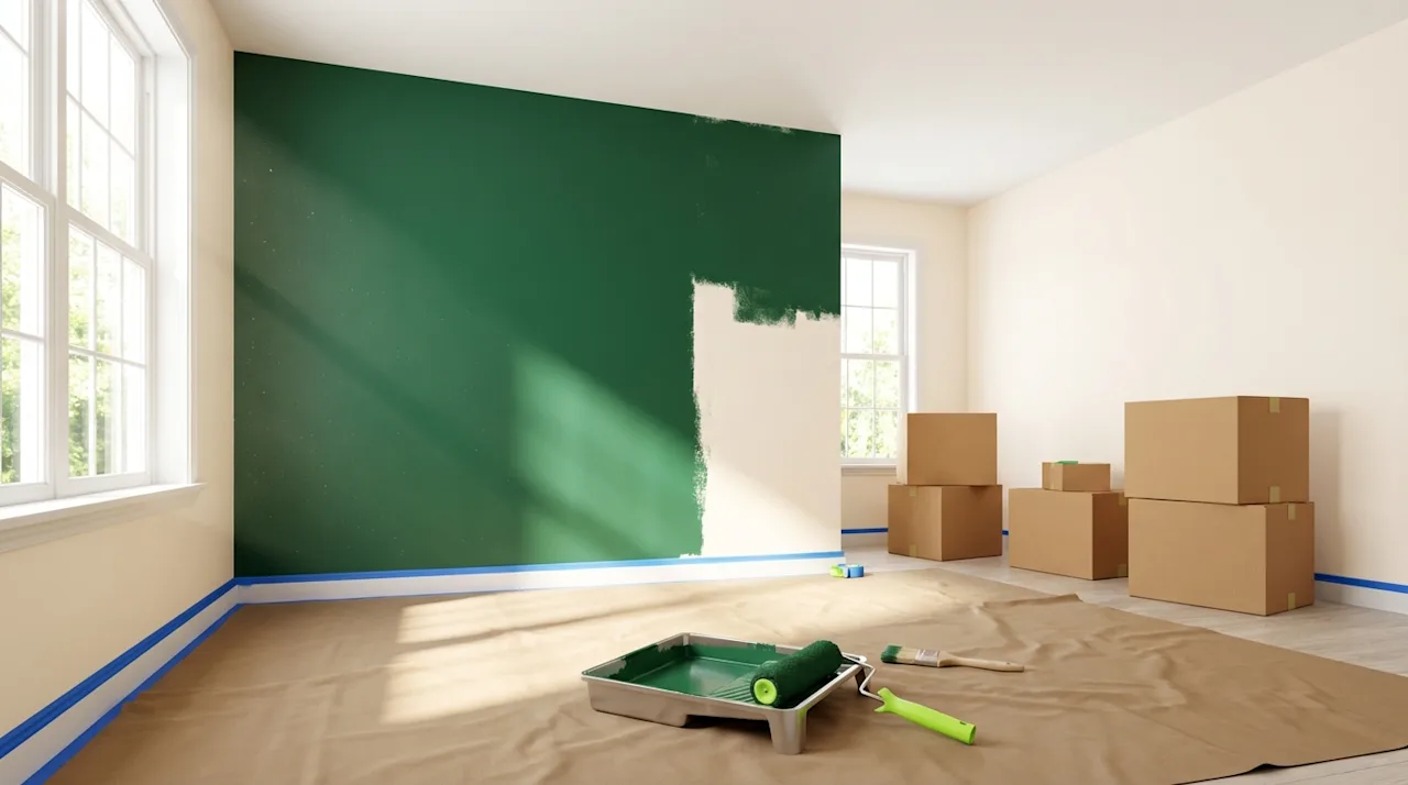 Emerald green accent wall being painted in a bright room with moving boxes and supplies on a drop cloth.