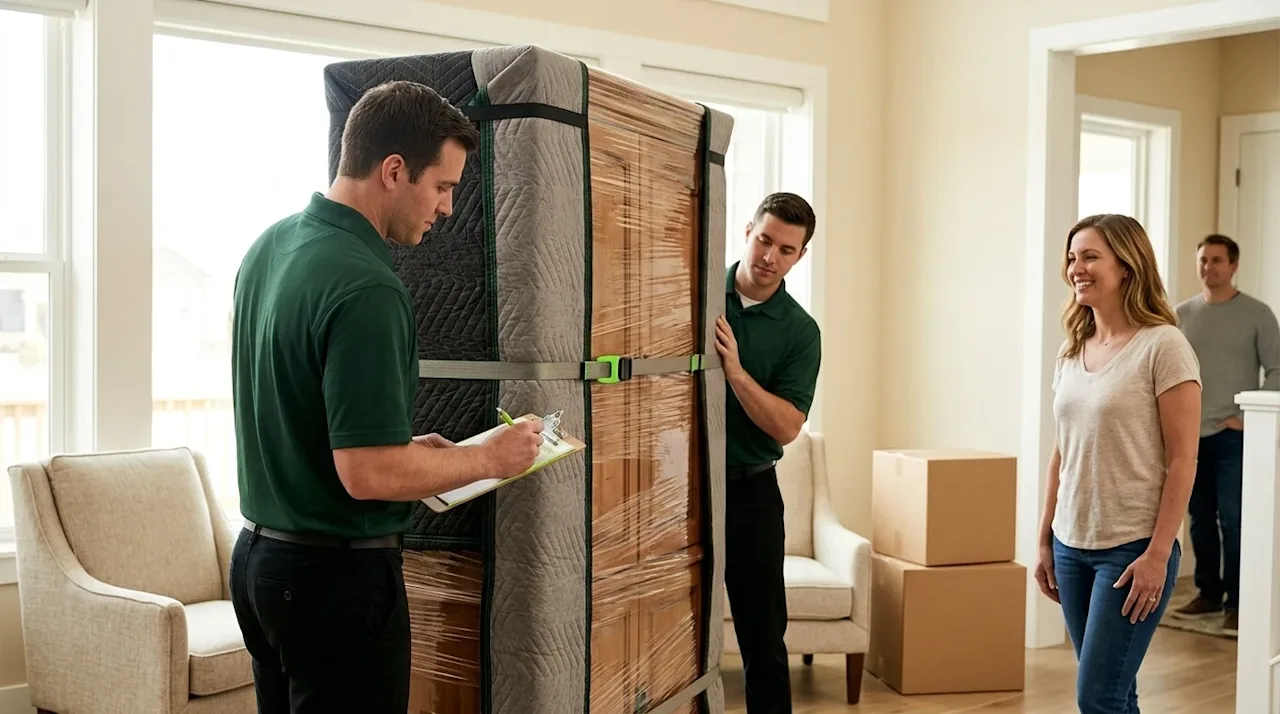 Clear and professional marketing lifestyle photography of a stress-free moving day inside a bright, well-lit modern home. Two