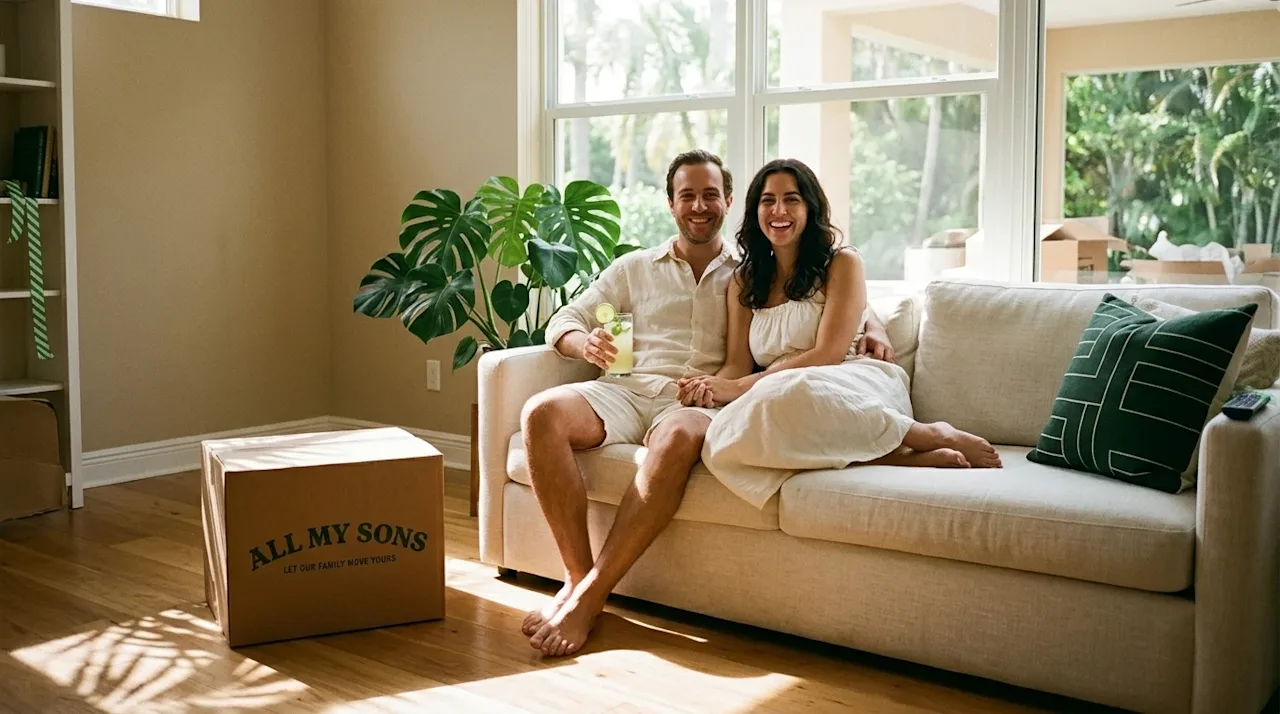 Clear, professional marketing photography of a smiling couple relaxing in their brightly lit new home in West Palm Beach, acc