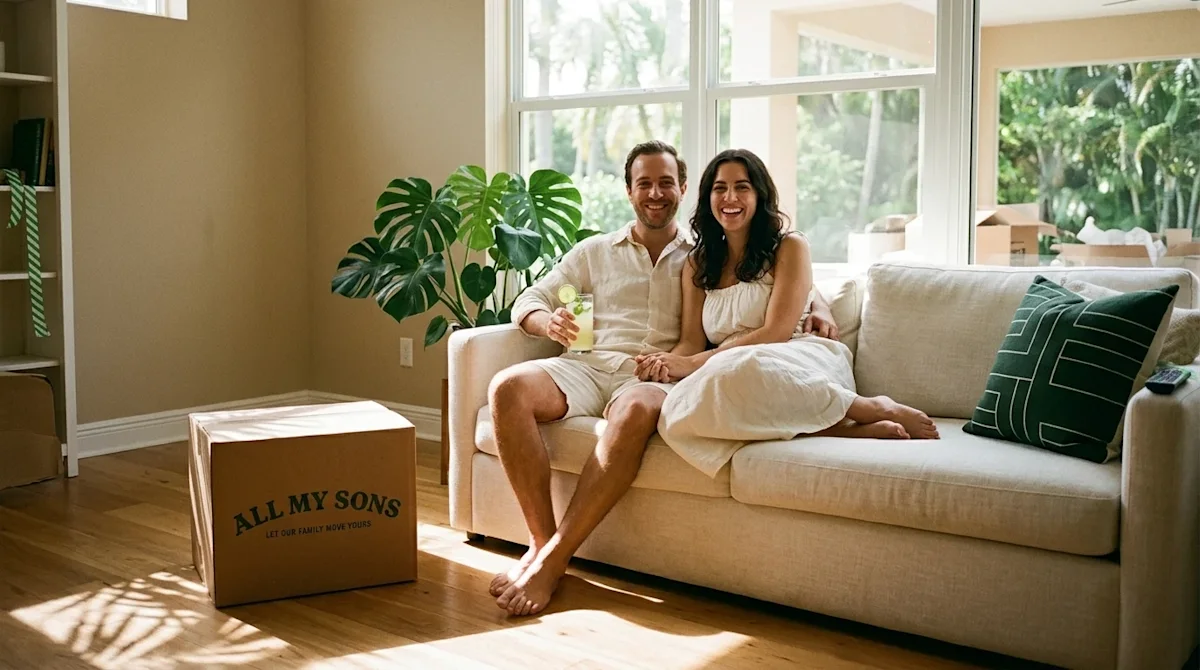 Clear, professional marketing photography of a smiling couple relaxing in their brightly lit new home in West Palm Beach, acc