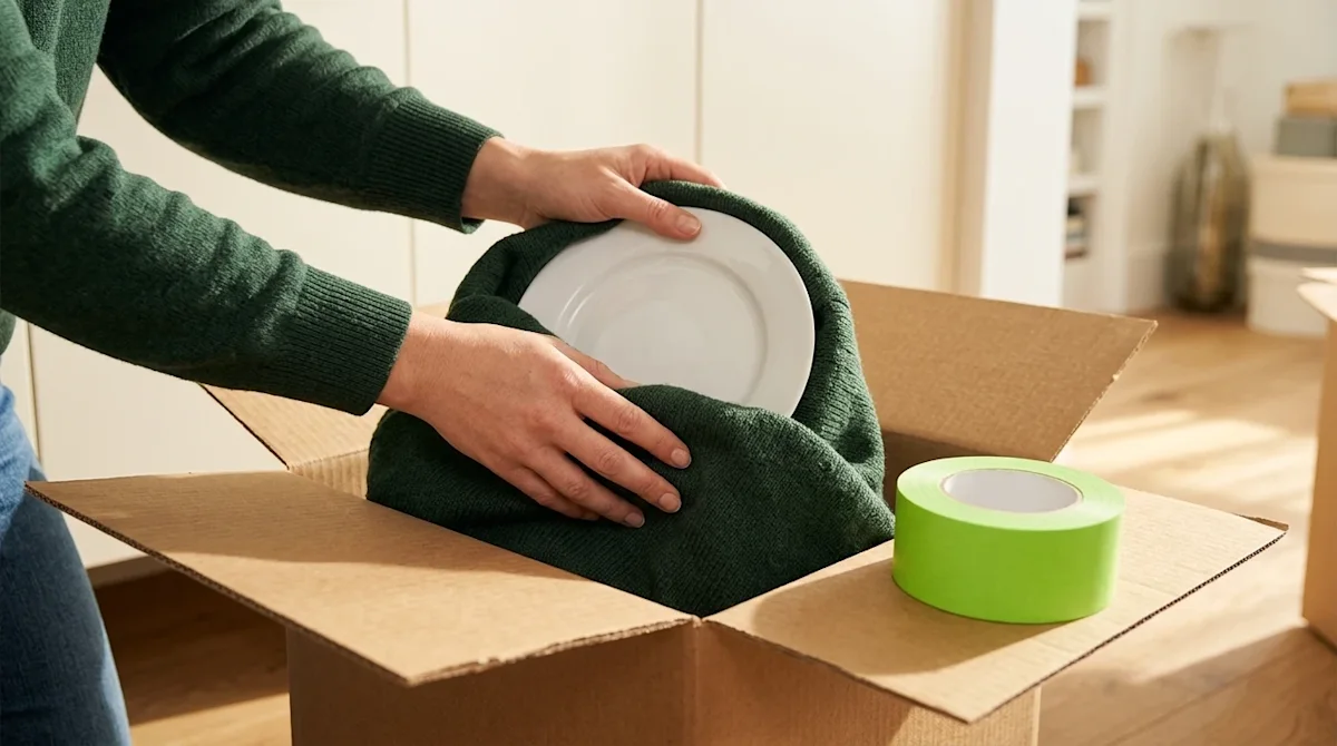 Clear, professional marketing photography of a clever moving hack in action. A close-up lifestyle shot showing a pair of hand