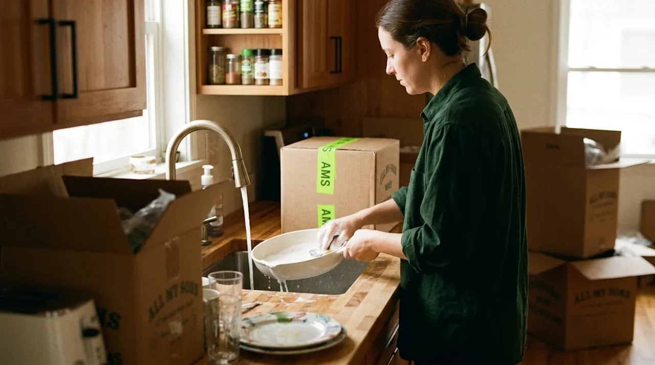 Candid lifestyle photography shot on 35mm film of a cozy, warm-toned kitchen during an unpacking process. A person wearing a