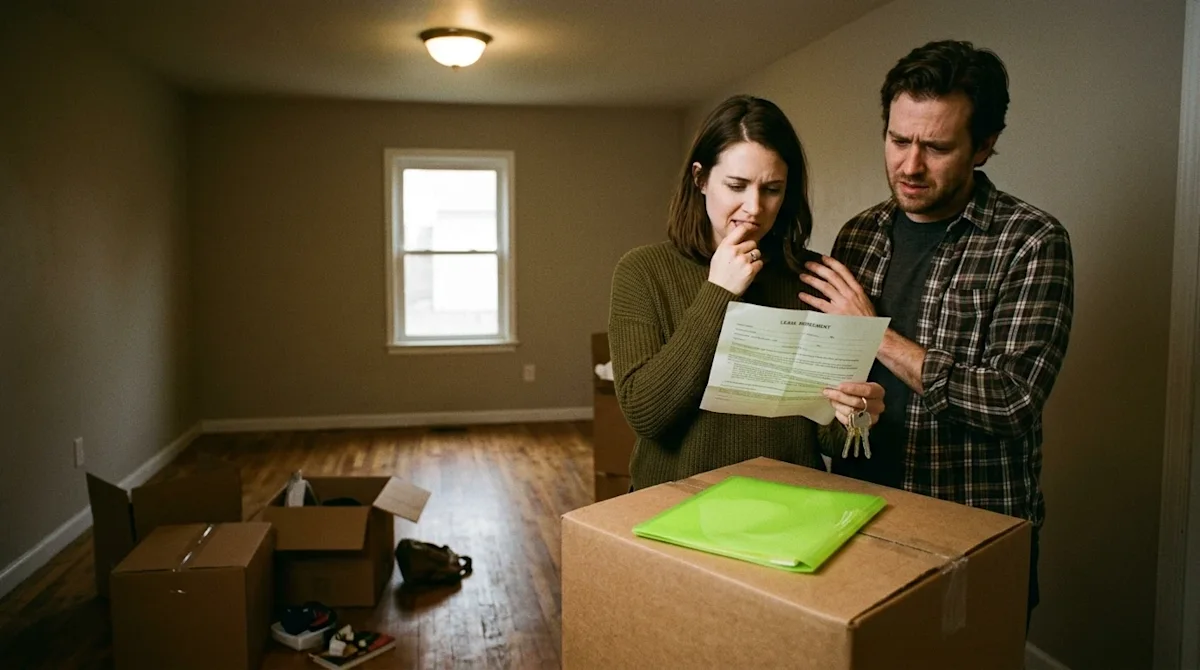 A candid, documentary-style photograph illustrating the stress of a real estate scam, featuring a worried couple standing in