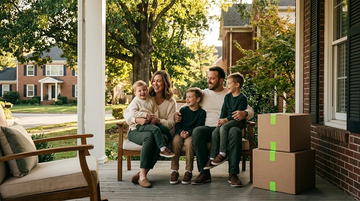 Clear, professional marketing photography of a happy, relaxed family enjoying the front porch of a charming traditional brick