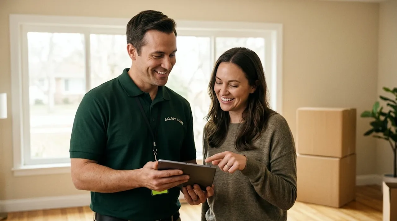 Professional marketing photography of a trustworthy, smiling professional mover in a dark forest green polo shirt showing a t