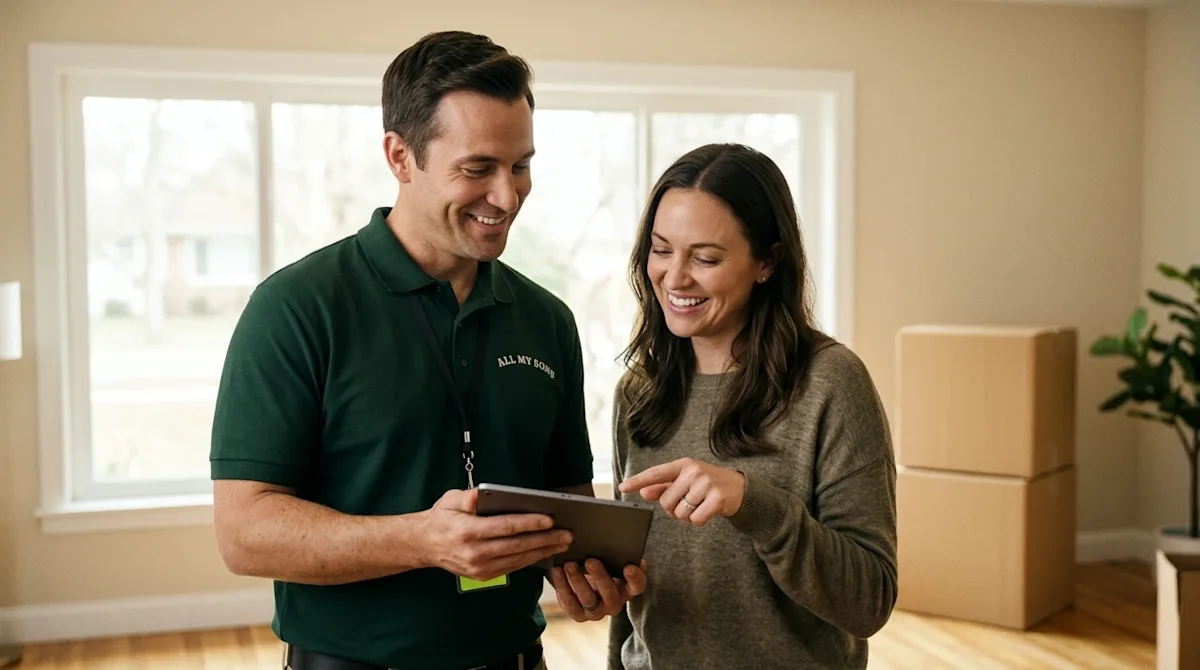 Professional marketing photography of a trustworthy, smiling professional mover in a dark forest green polo shirt showing a t