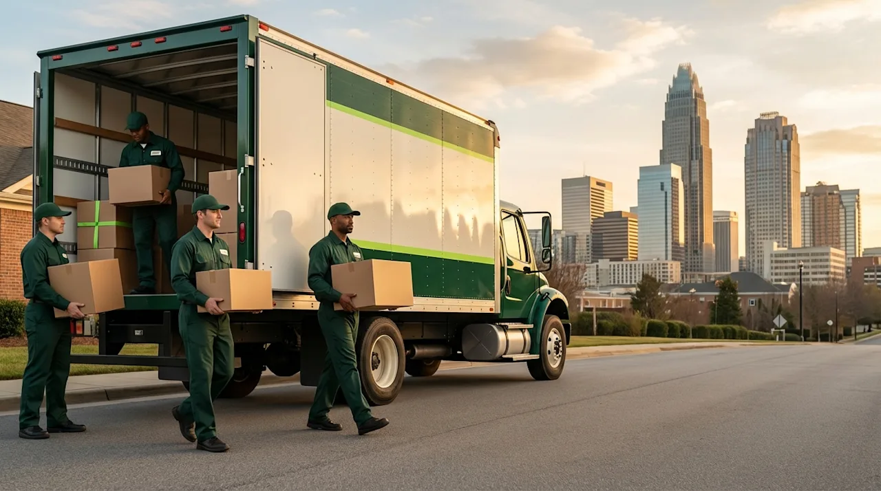 Professional movers in green uniforms unloading a truck against the Charlotte, North Carolina skyline at sunset.