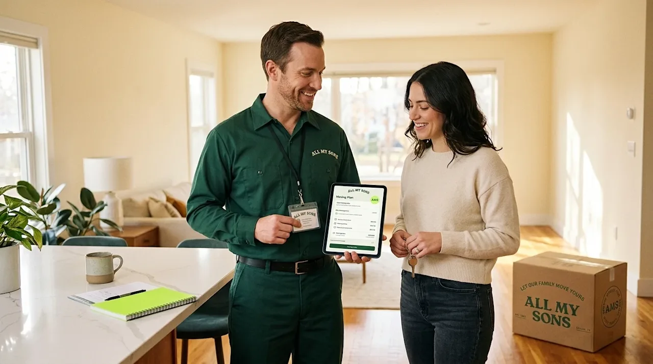 Professional marketing photography for a moving company blog. A friendly, trustworthy moving coordinator wearing a clean, dee