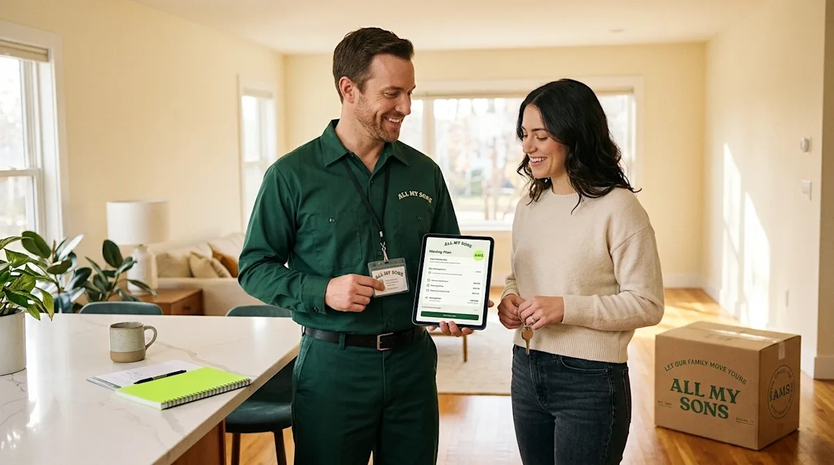 Professional marketing photography for a moving company blog. A friendly, trustworthy moving coordinator wearing a clean, dee