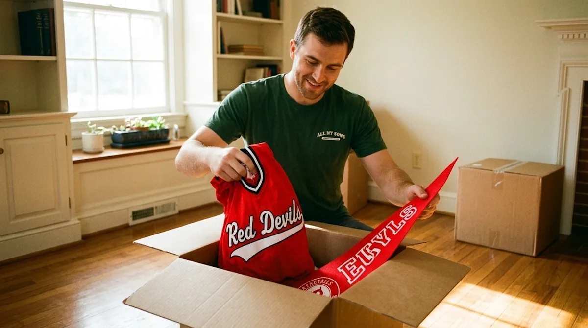 Candid lifestyle photography, a friendly professional mover in a forest green t-shirt carefully packing a bright red sports j