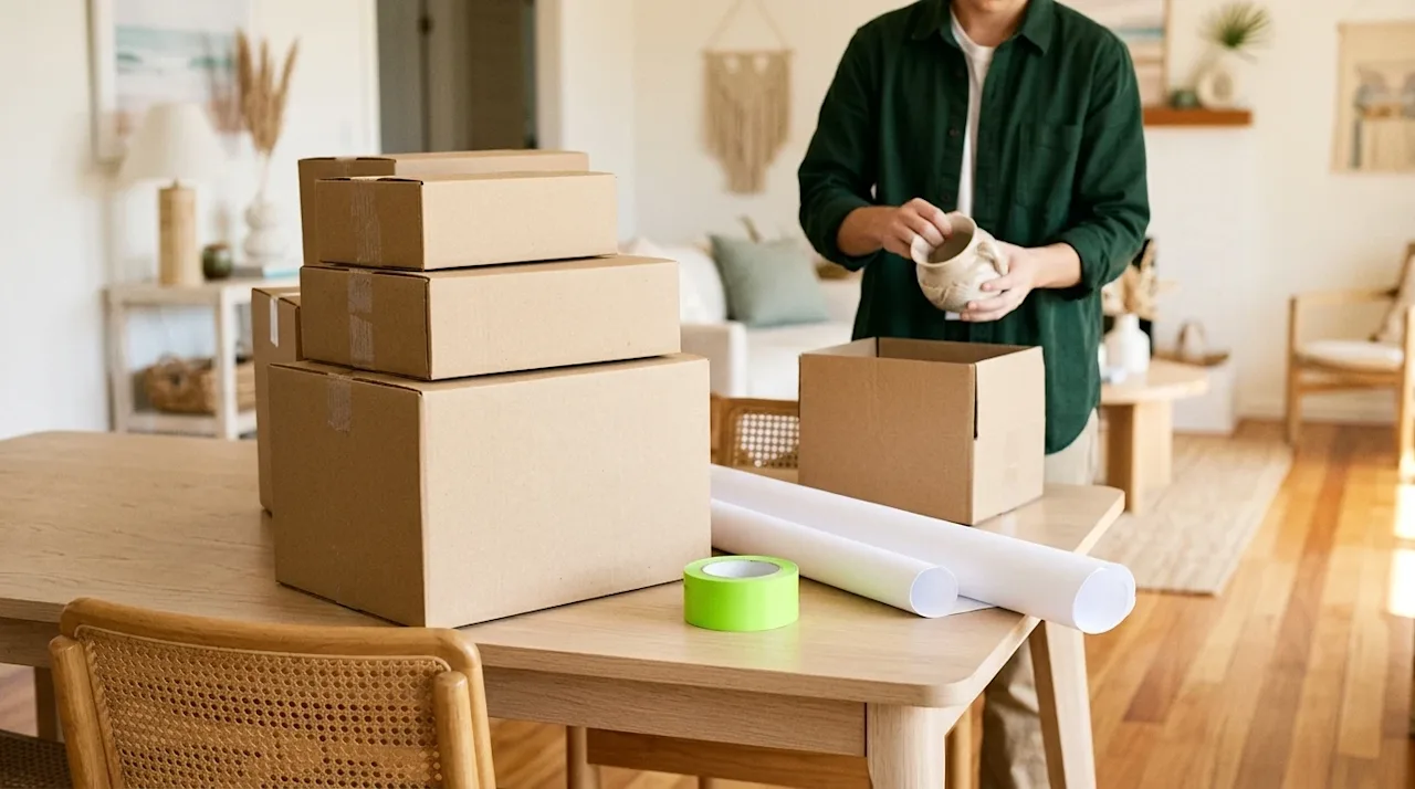 Authentic lifestyle photography of high-quality packing supplies arranged in a bright, sunlit coastal home. A neat stack of c