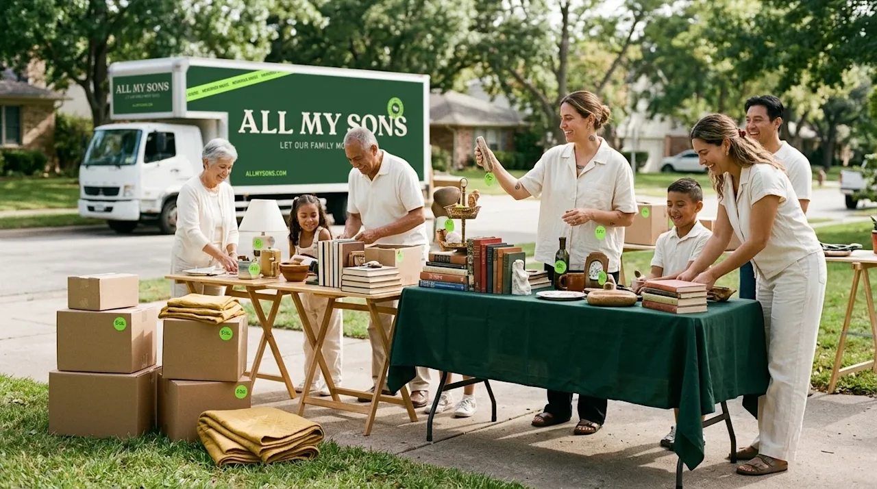 A photorealistic lifestyle photograph of a family hosting a cheerful and successful weekend yard sale in their driveway in pr