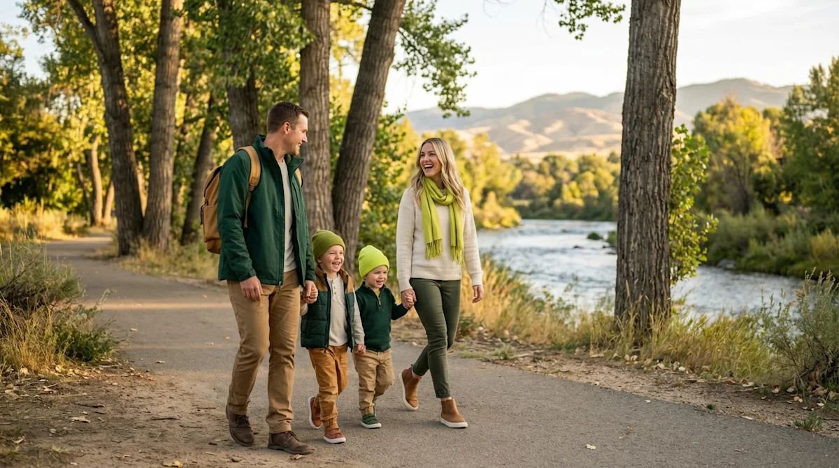 Happy family exploring the scenic Boise River Greenbelt in Idaho with foothills and tall trees in the background.