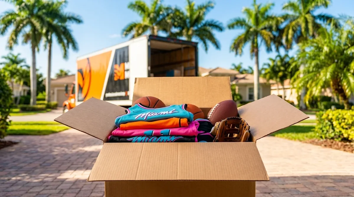 Professional commercial photography of an open cardboard moving box carefully packed with neatly folded sports jerseys in vib