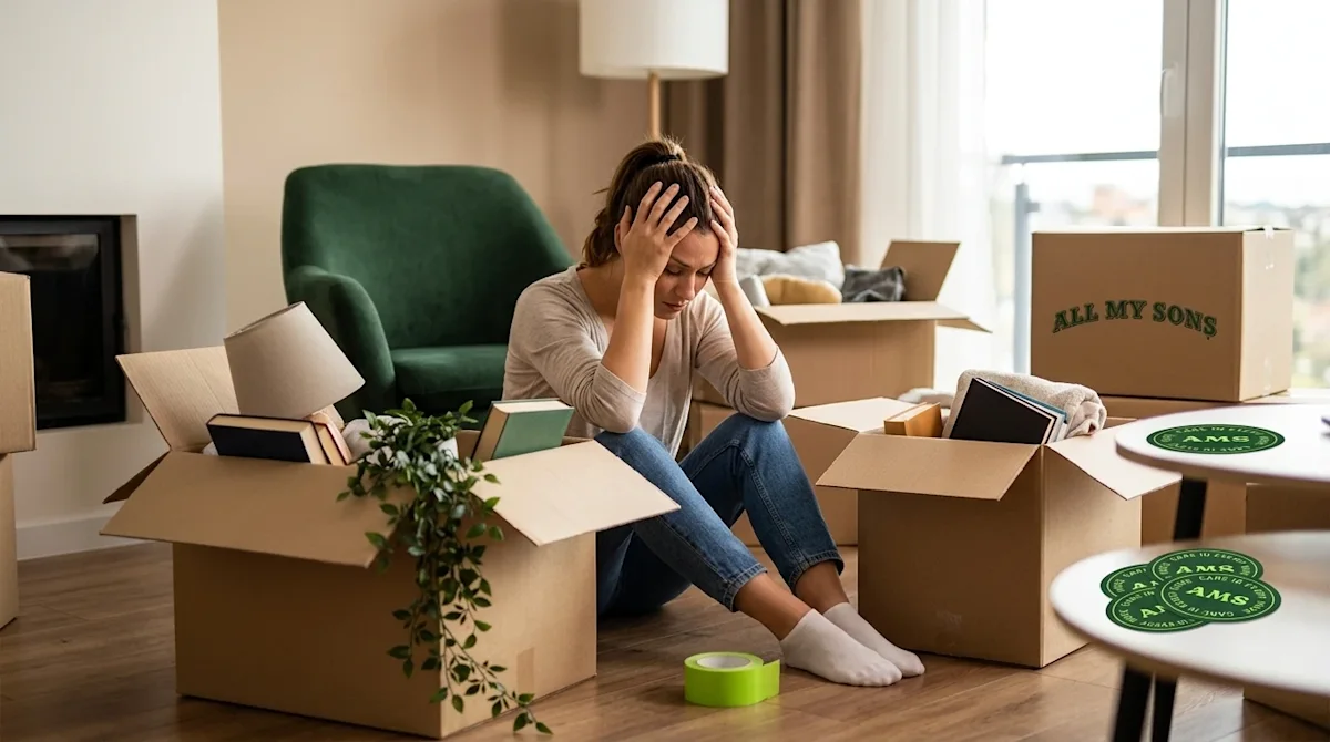 Clear professional marketing photography of a stressed homeowner sitting on the floor of a modern living room, looking overwh