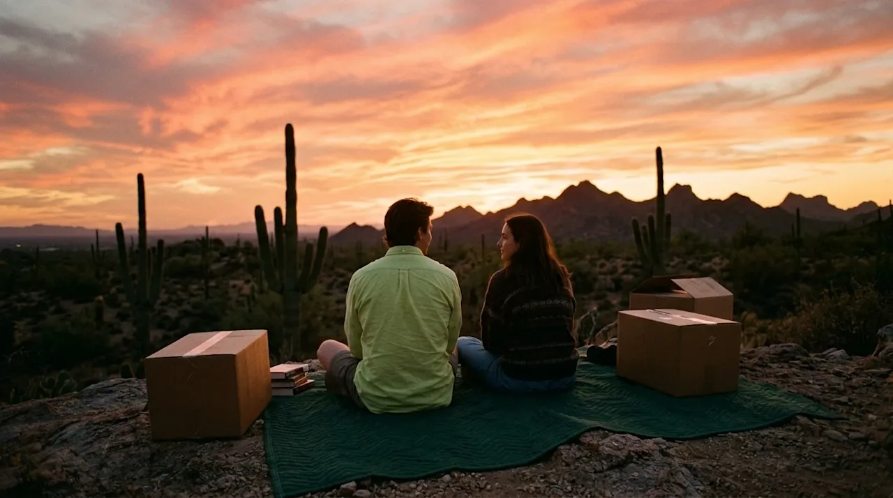 A candid lifestyle photograph of a couple taking a relaxing break to watch a vibrant desert sunset from a scenic overlook in