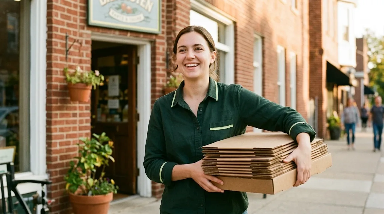 Professional marketing lifestyle photography, candid and warm shot of a cheerful young adult carrying a neat stack of clean,
