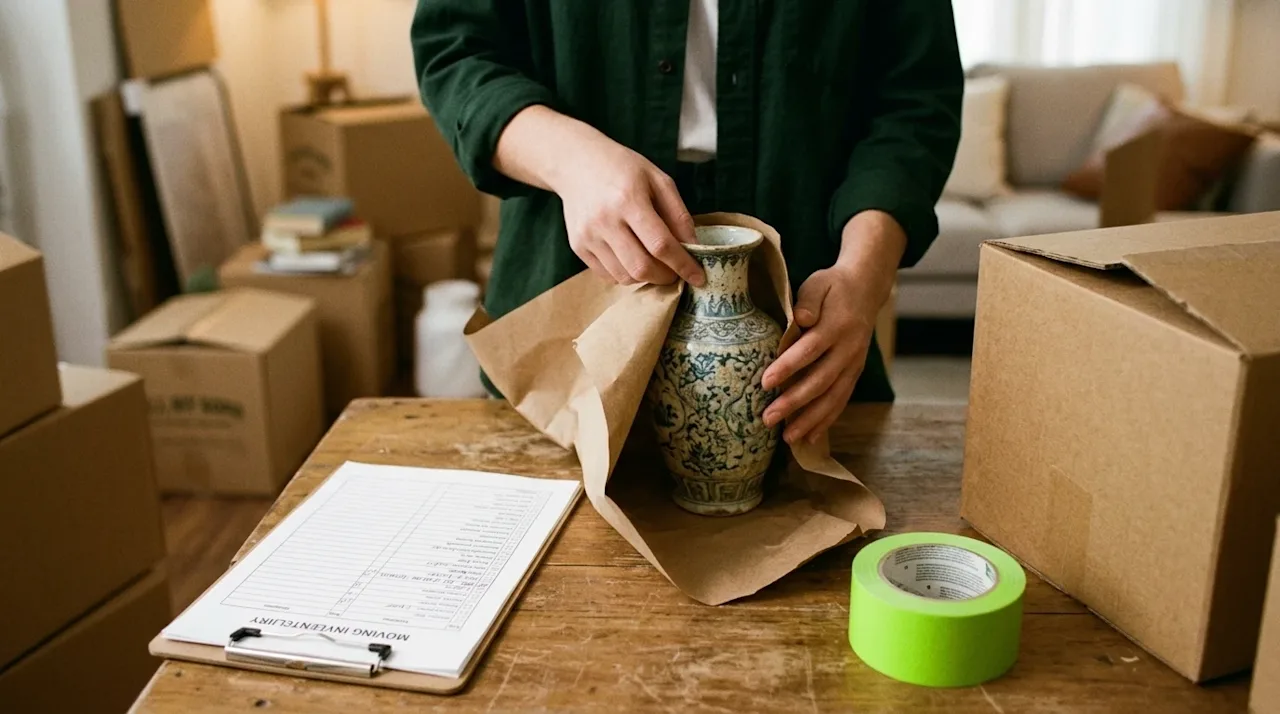 A candid, documentary-style photograph illustrating the concept of moving insurance. A close-up shot of a person's hands care
