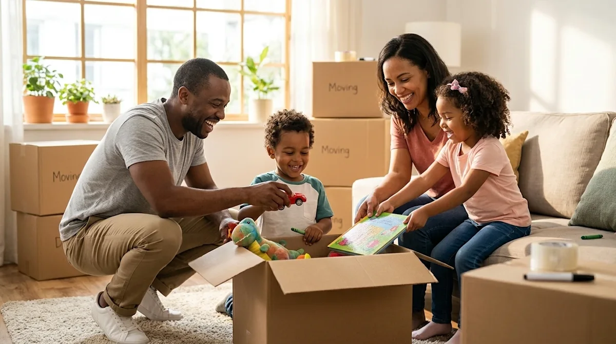High-quality professional photography of a cheerful family with young children happily packing for a residential move. A moth