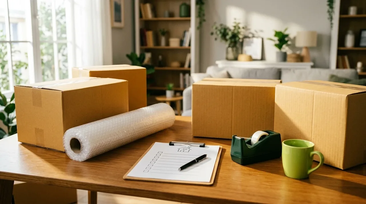 A high-quality lifestyle photograph of an organized moving preparation scene, perfect for a blog hero image. The focus is on