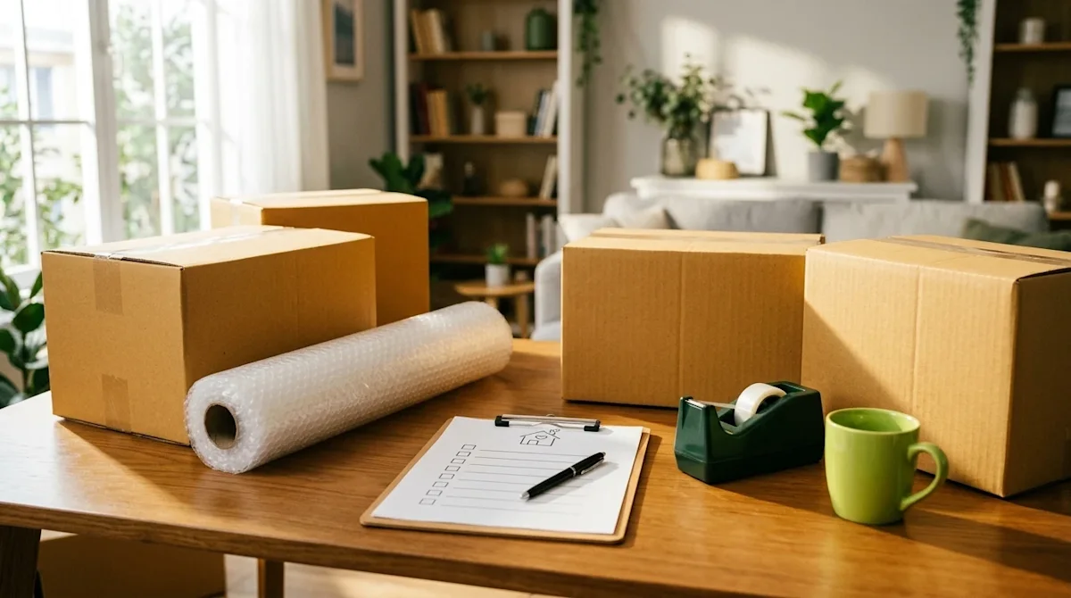A high-quality lifestyle photograph of an organized moving preparation scene, perfect for a blog hero image. The focus is on
