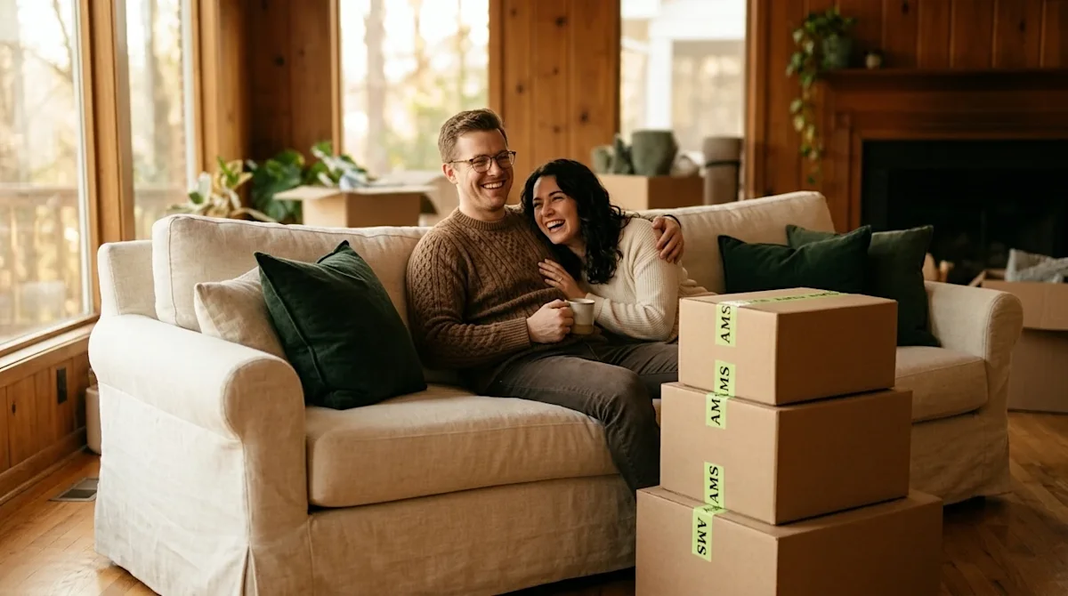 Candid lifestyle photography of a happy couple relaxing in their cozy, newly moved-in living room, settling in and getting co