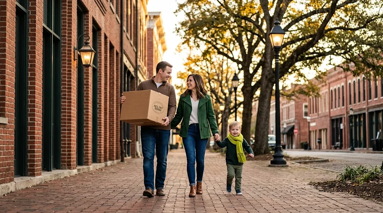 Clear and professional marketing photography of a warm, inviting scene in a historic district of Knoxville, Tennessee. A youn