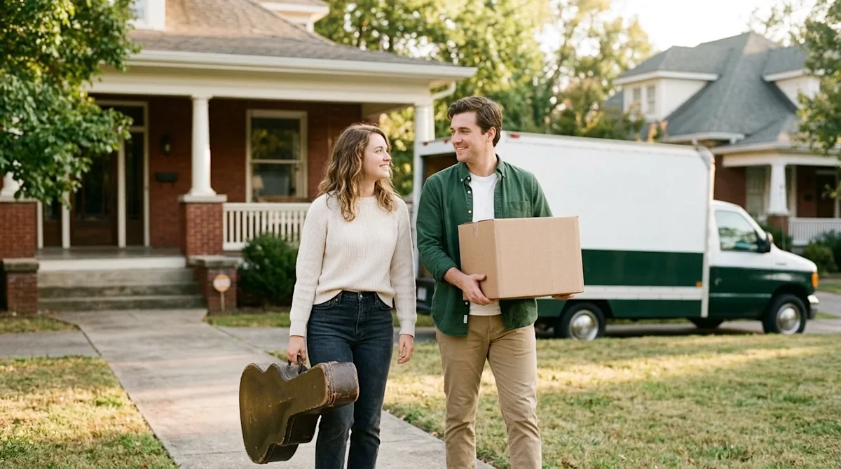 Candid lifestyle photography, 35mm film aesthetic, warm nostalgic sun-drenched lighting with slight film grain. A happy young