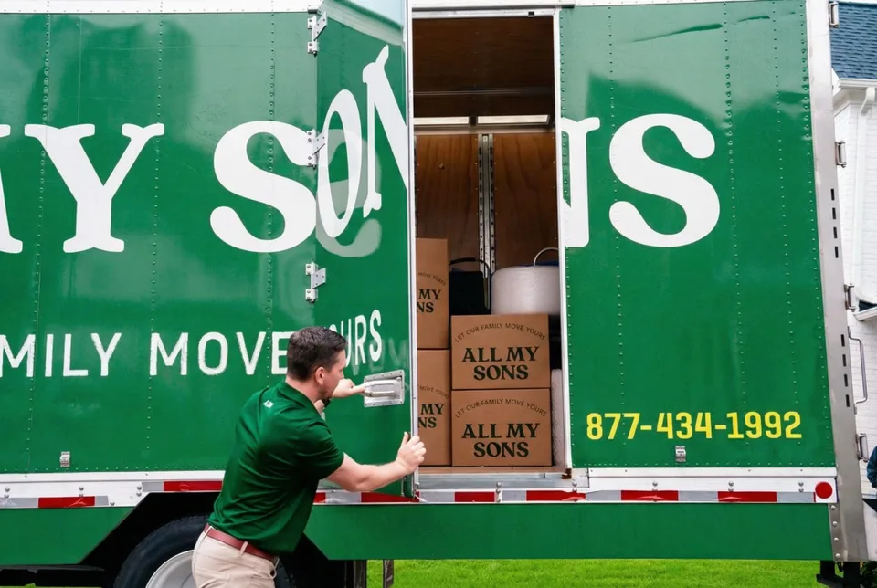 An All My Sons mover closing a truck full of moving boxes ready to help a small business move out of the garage.