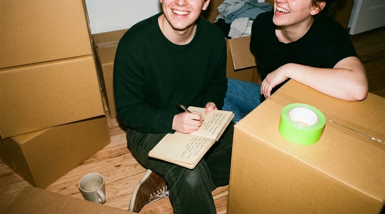 A candid, lifestyle 35mm film photograph of a happy couple taking a break from unpacking in their new home in Lincoln, Nebras