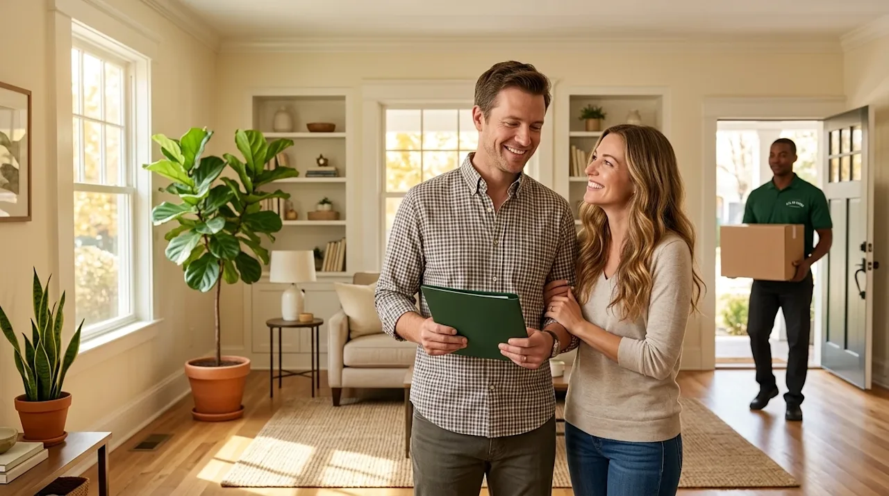 A clear, professional lifestyle marketing photograph of a happy couple standing in the beautifully staged, sunlit living room