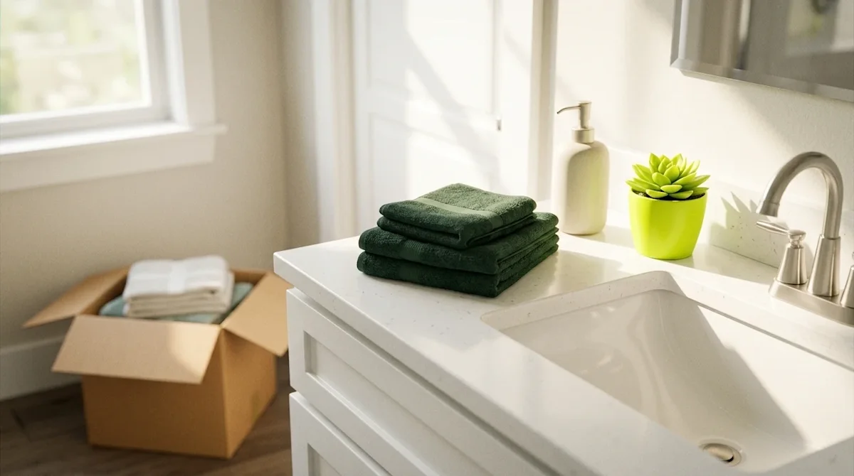 Clear, professional marketing photography of a newly refreshed, bright bathroom interior. Focus on a clean, modern white vani
