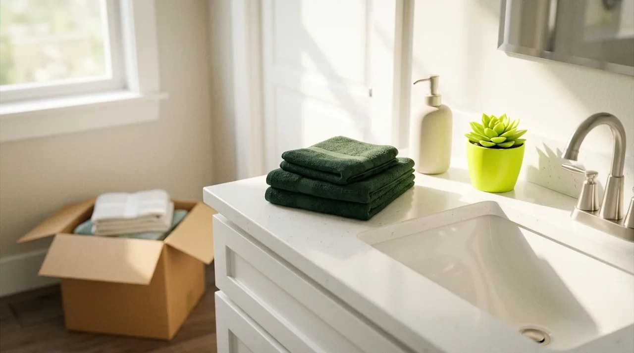 Clear, professional marketing photography of a newly refreshed, bright bathroom interior. Focus on a clean, modern white vani