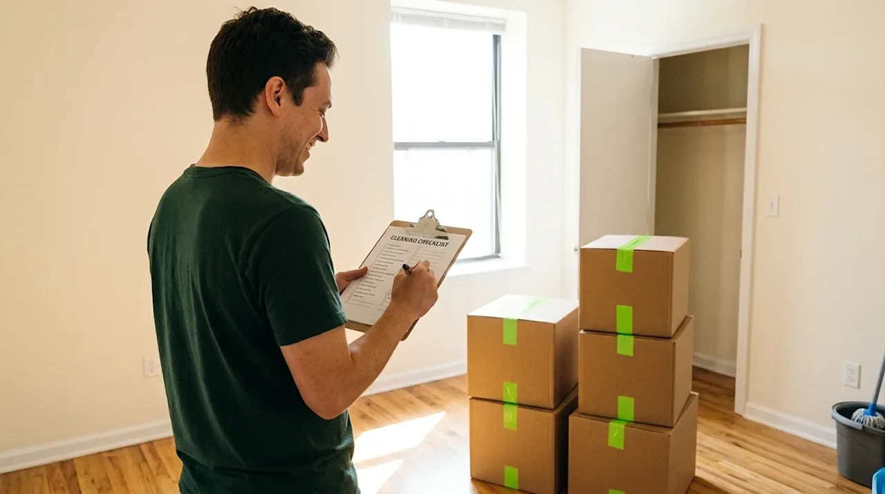 Candid lifestyle photography of a smiling person standing in a spotless, brightly lit empty apartment, happily looking over a