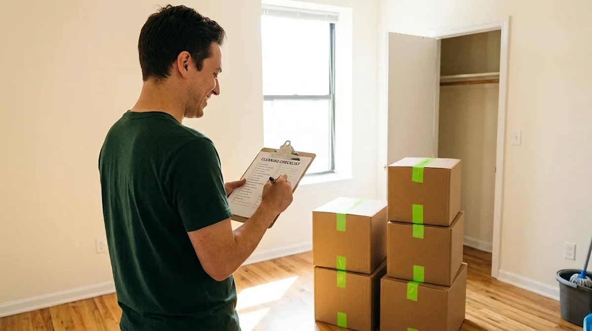 Candid lifestyle photography of a smiling person standing in a spotless, brightly lit empty apartment, happily looking over a