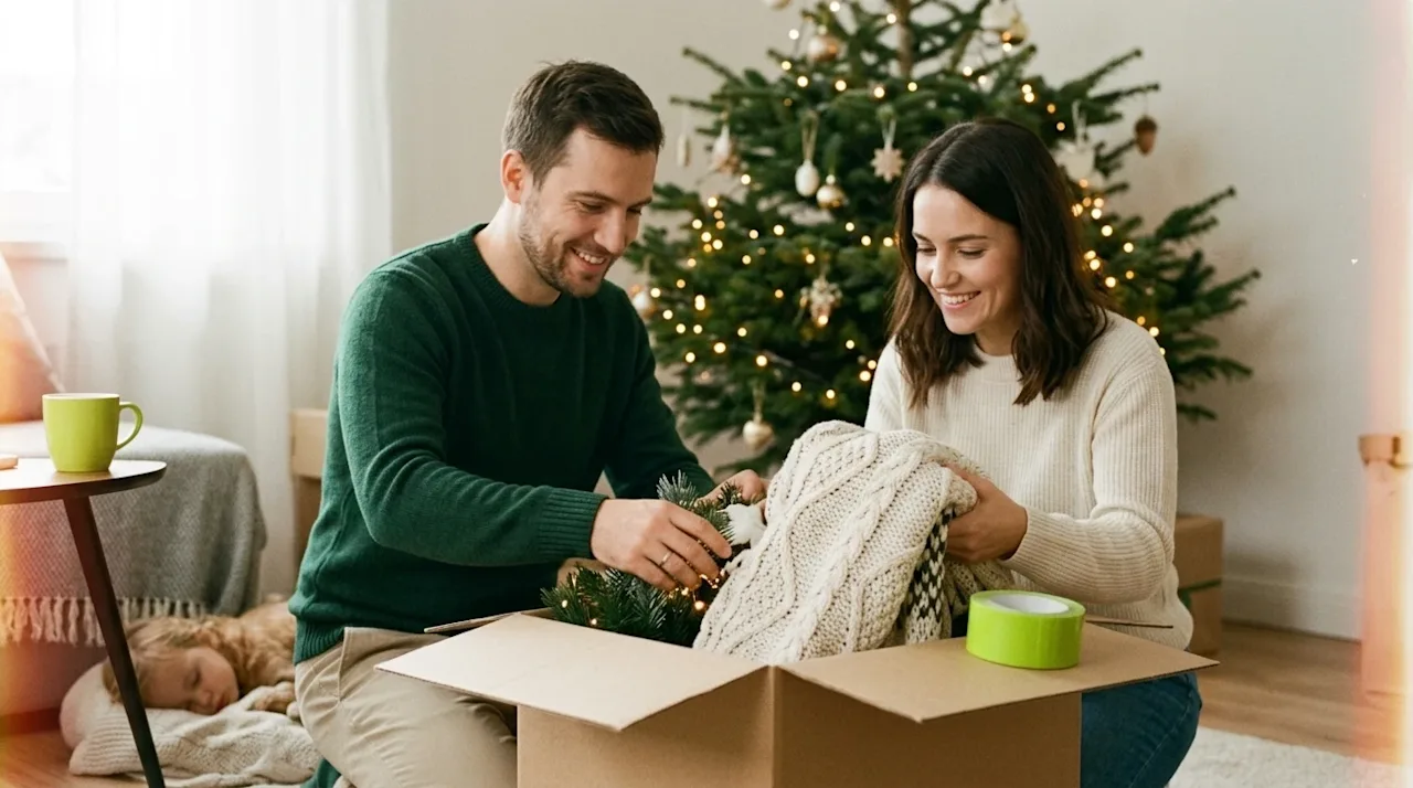 Candid lifestyle 35mm film photography of a cozy, warmly lit living room during the holiday season. A smiling couple is caref
