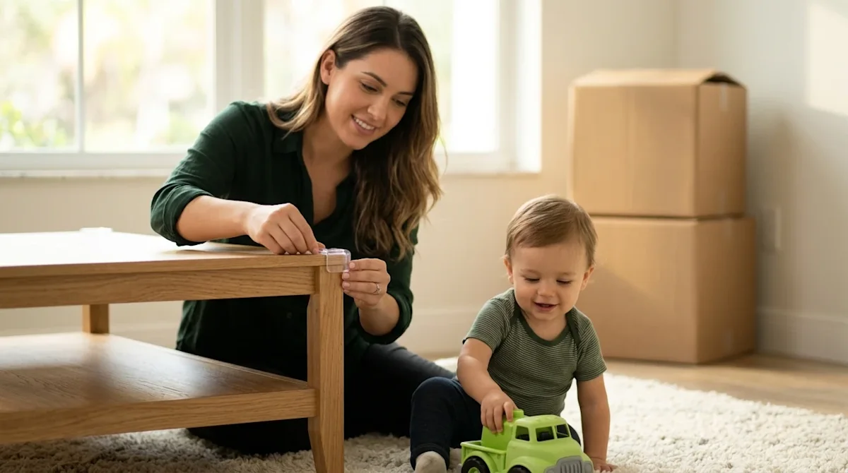 Professional lifestyle marketing photography of a young, caring mother in a dark forest green shirt carefully applying transp
