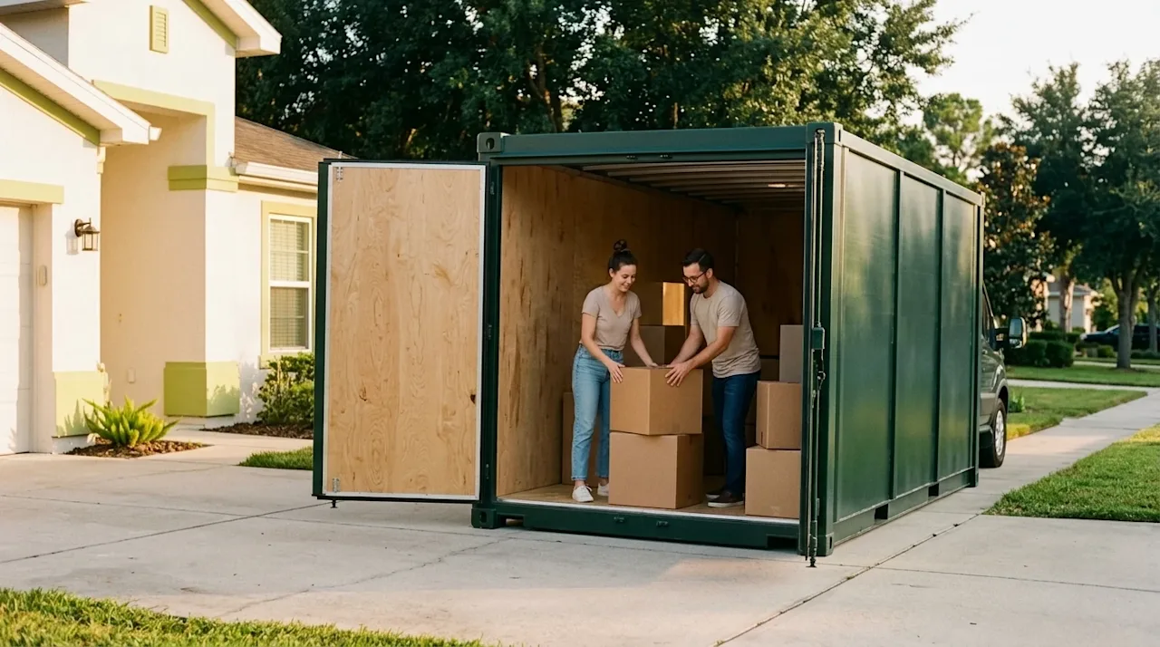 A high-quality lifestyle photograph of a large, dark forest green portable residential moving and storage pod resting in the