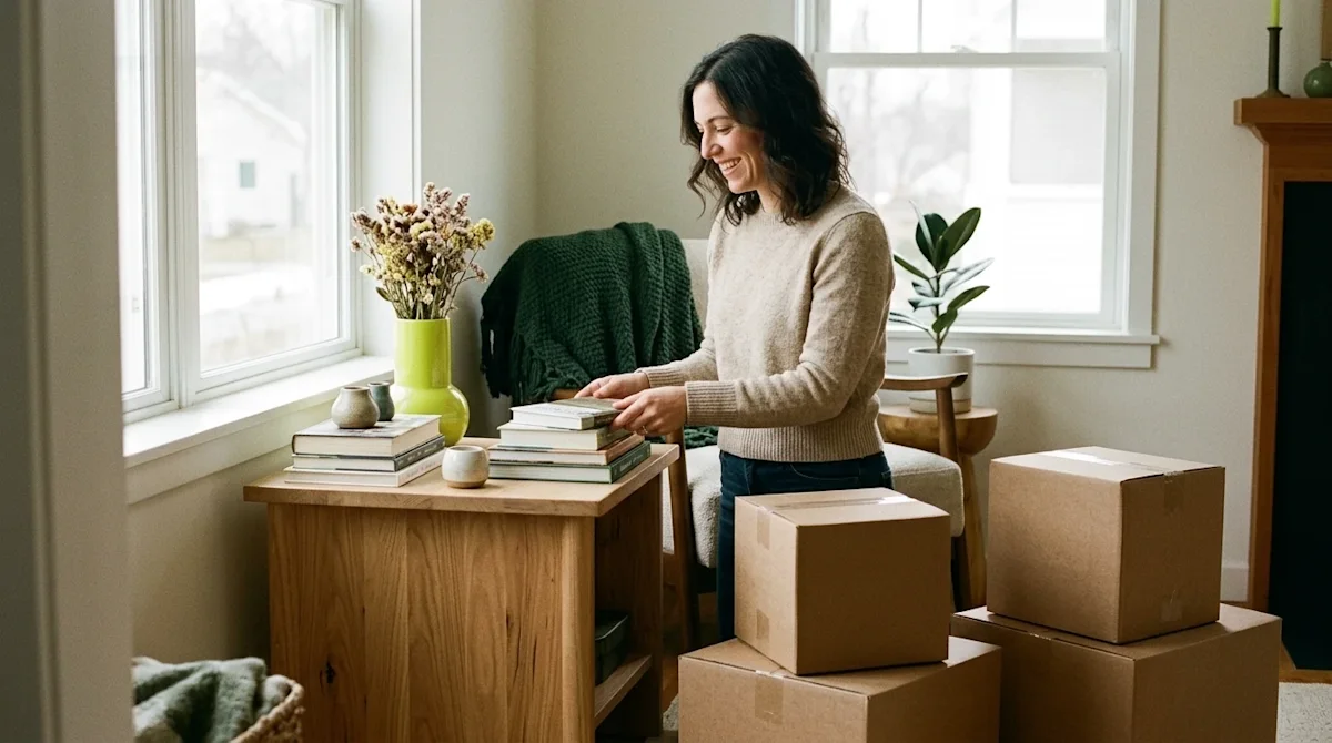 Photorealistic candid photography of a woman happily decluttering a bright, cozy living room. She is standing near a natural