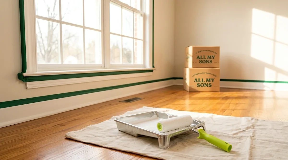 Photorealistic lifestyle photography of a bright, sunlit living room in a Knoxville home being prepared for painting. The sce