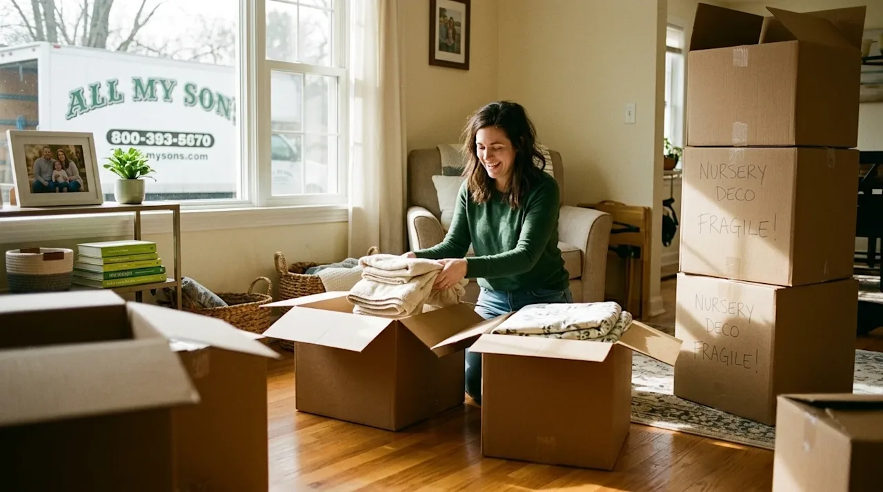 Candid lifestyle photography of a weekend home organization project. A person wearing a forest green shirt is comfortably sor