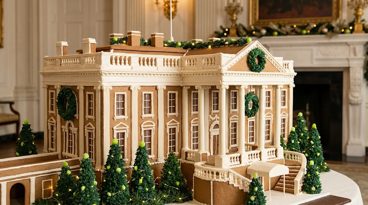 A detailed gingerbread White House with cream icing, dark green wreaths, and lime green accents on a festive table.