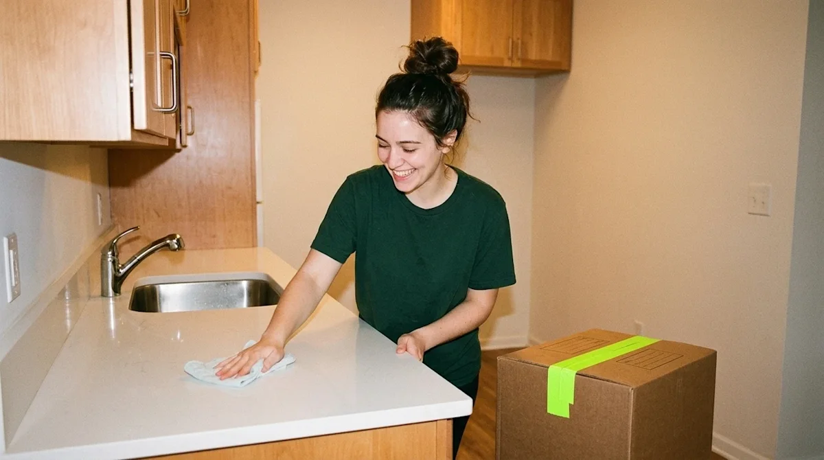 Candid 35mm vintage film photography of a young woman happily wiping down a pristine kitchen counter in a spotless, completel