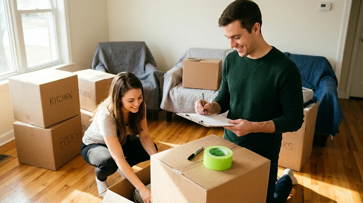 Candid lifestyle photography of a young, happy couple organizing and packing for a home move in a sunlit living room with war
