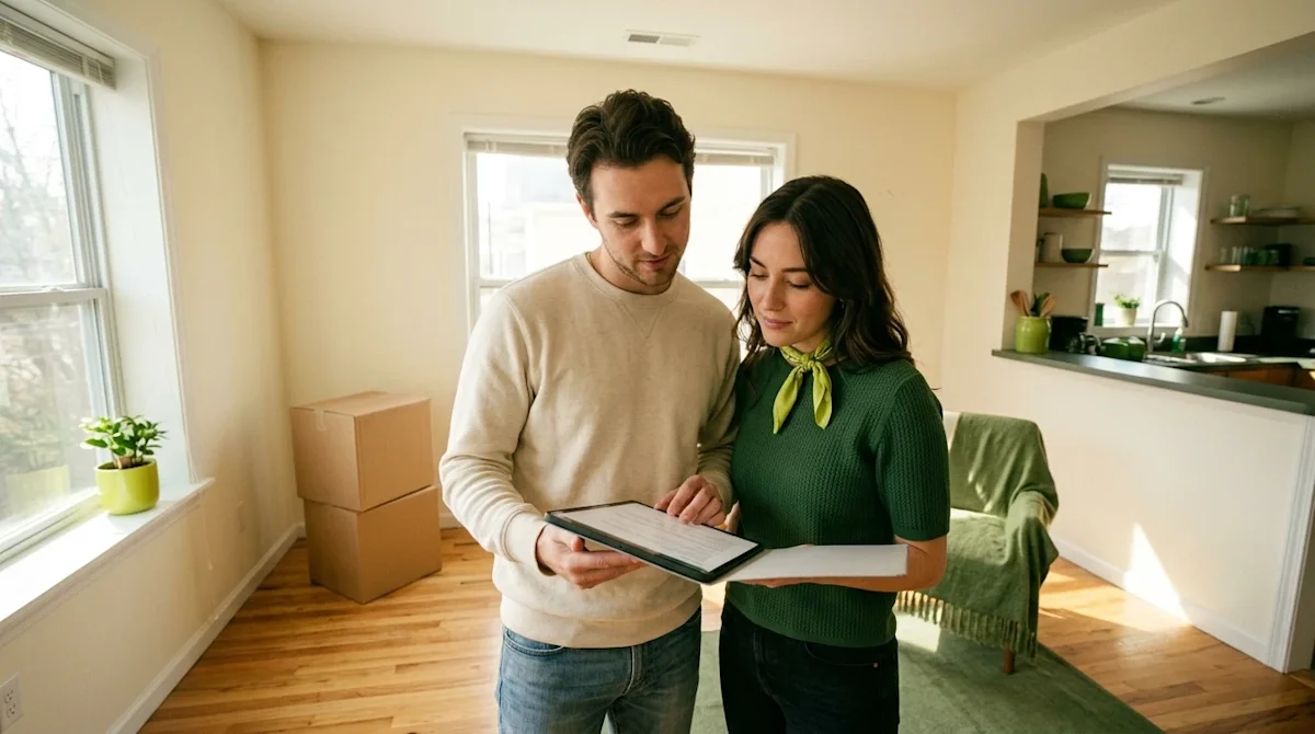 Professional marketing photography, a candid and authentic shot of a young couple standing in the sunlit, partially empty liv