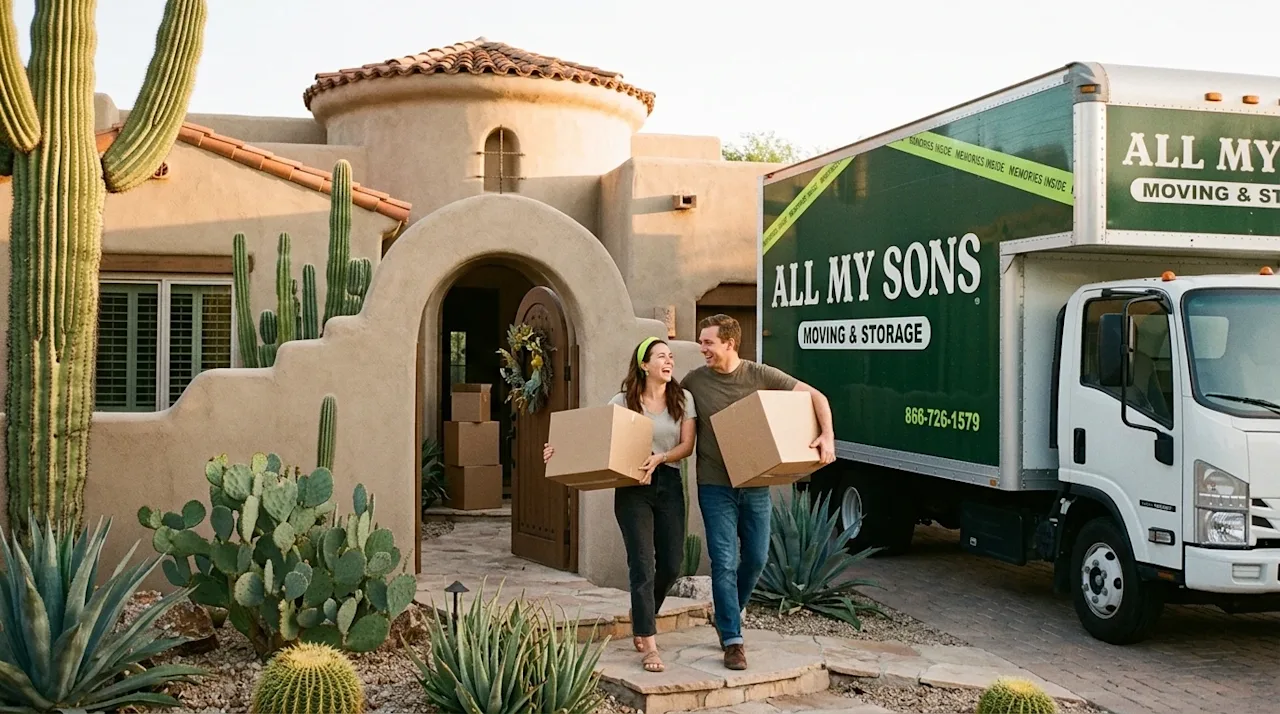 A candid, authentic lifestyle photograph of a happy couple moving into a beautiful Southwestern-style home in a sunny Tucson